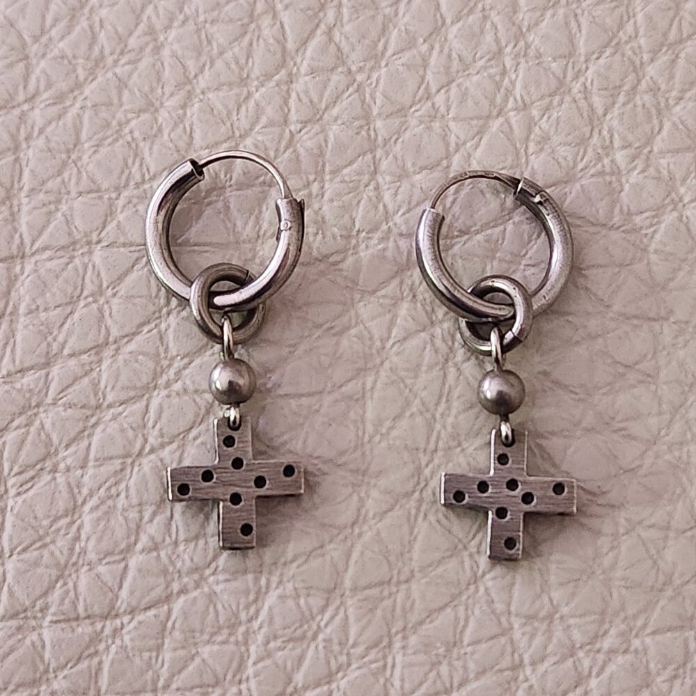 Pewter Hoop Earrings with Dangling Cross Charm